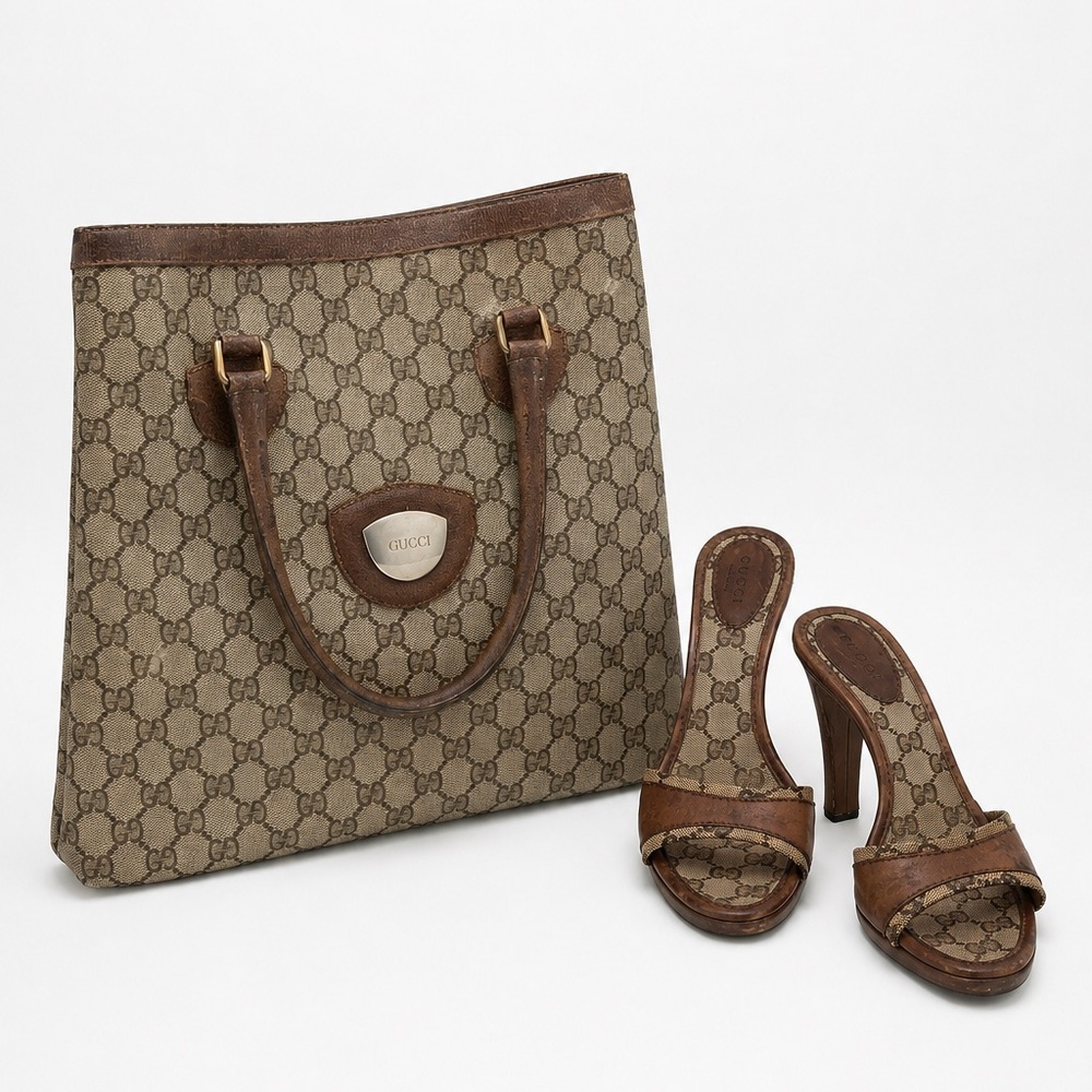 Gucci Brown Monogram Slip-On Heels - Picture 2 of 6